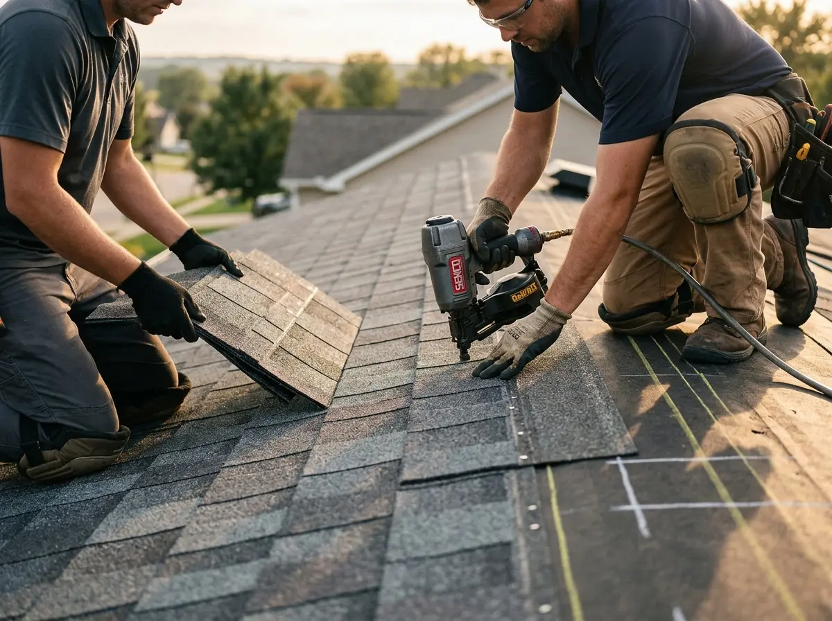 Professional roofer working on a residential roof in McCordsville